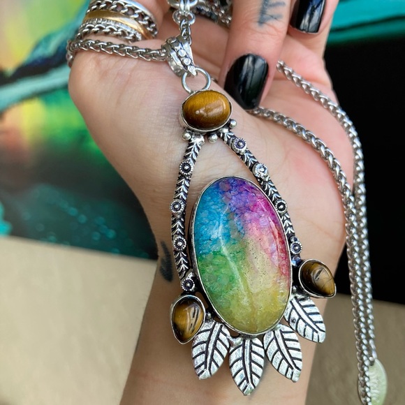 925 sterling silver overlay Rainbow solar quartz tiger eye stone charm necklace - Picture 9 of 13